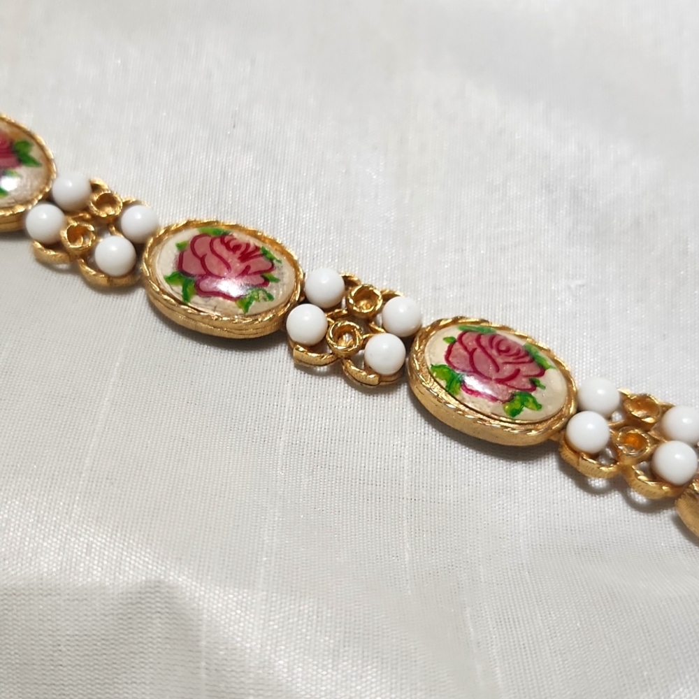 Vintage painted enamel and Milk Glass Bracelet